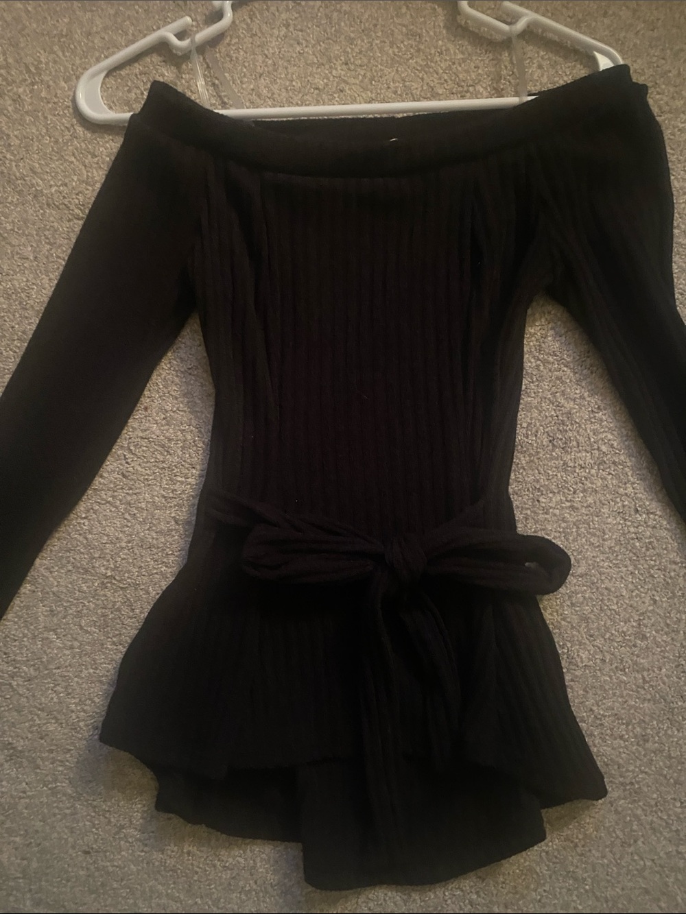 Off-the-Shoulder Ribbed Knit Sweater with Waist Tie - Black